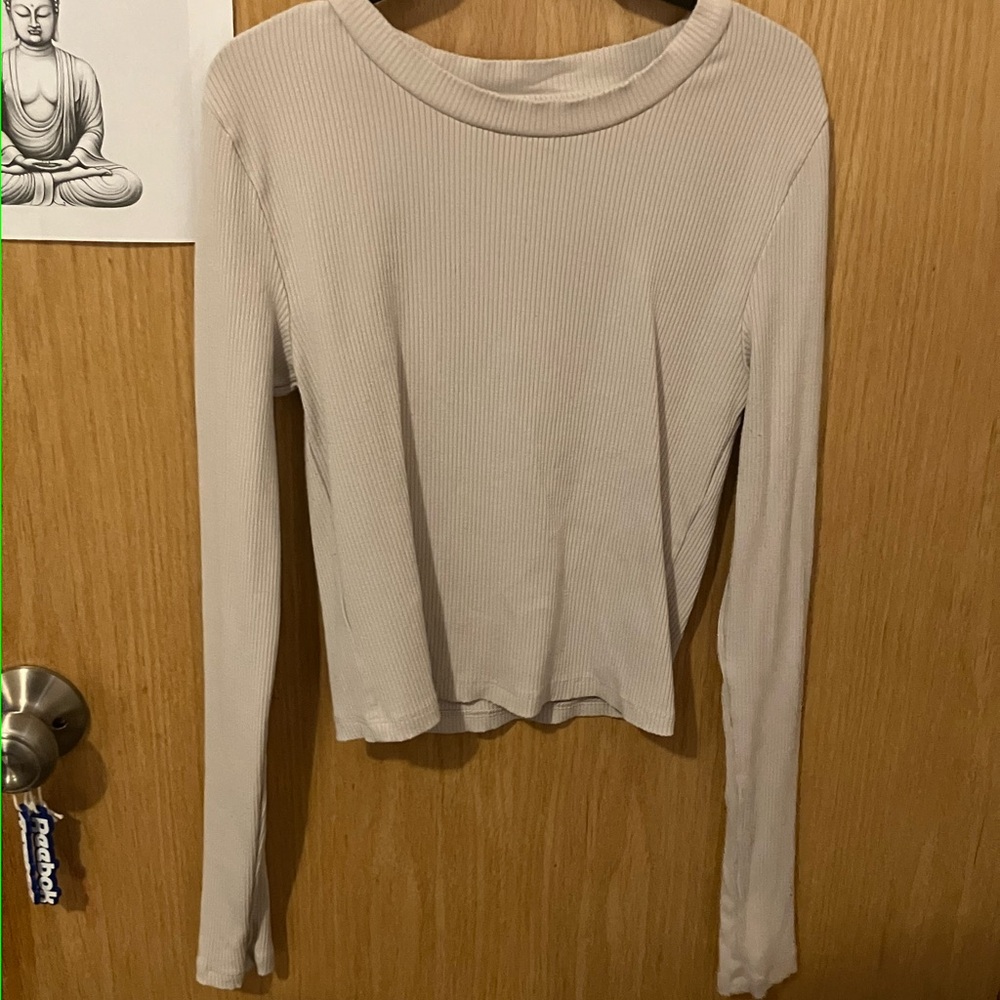 Forever 21 Cream Ribbed Long Sleeve Blouse